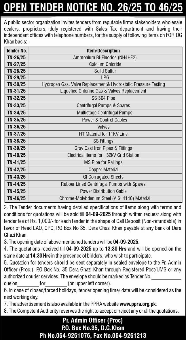 Public Sector Organization DG Khan Tender Notice